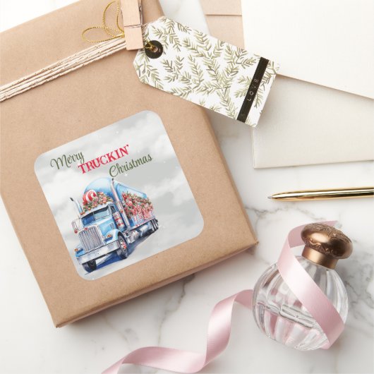 Merry Truckin Weihnachten Quadratischer Aufkleber (Schenken)