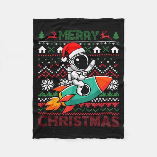 Merry Ugly Christmas Santa Hat Astronaut Riding Ro Fleecedecke (Vorderseite)