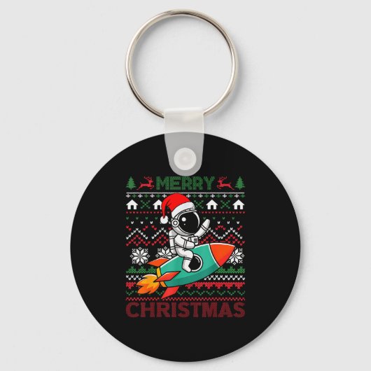 Merry Ugly Christmas Santa Hat Astronaut Riding Ro Schlüsselanhänger (Vorderseite)