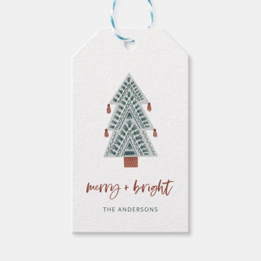 Merry und Bright | Boho Christmas Tree und Script Geschenkanhänger (Vorderseite)