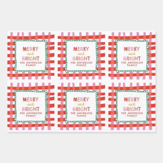 Merry und Bright Custom Holiday Red & Pink Gingham Geschenkpapier Set (Vorderseite 2)