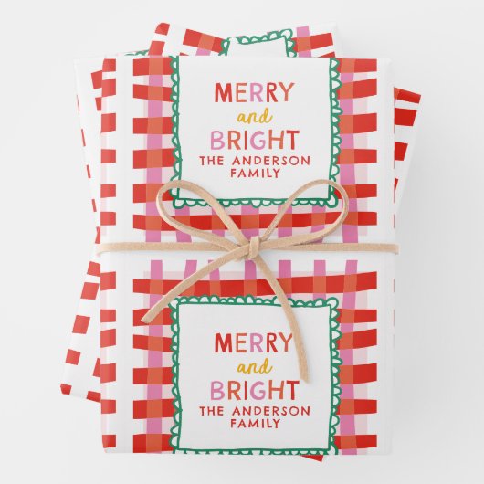 Merry und Bright Custom Holiday Red & Pink Gingham Geschenkpapier Set (Beispiel)