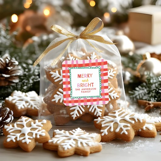 Merry und Bright Custom Holiday Red & Pink Gingham Quadratischer Aufkleber