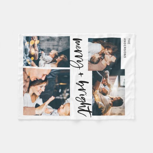 Merry und Bright | Multi Foto Grid Christmas Fleecedecke (Vorderseite (Horizontal))
