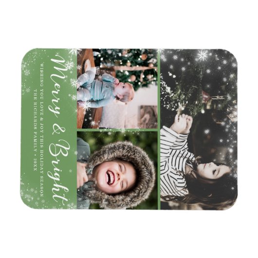 Merry und Bright Script Snow Overlay Foto Collage Magnet (Horizontal)