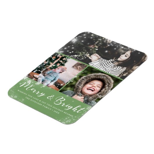 Merry und Bright Script Snow Overlay Foto Collage Magnet (Linke Seite)