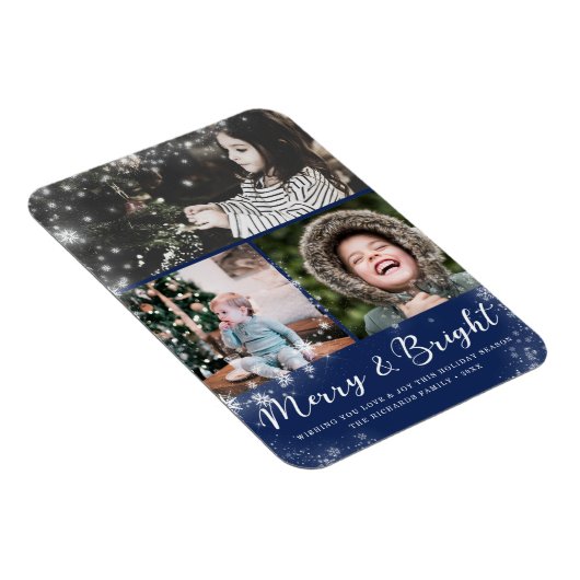 Merry und Bright Script Snow Overlay Foto Collage Magnet (Rechte Seite)