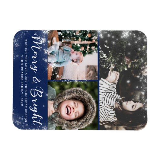 Merry und Bright Script Snow Overlay Foto Collage Magnet (Horizontal)
