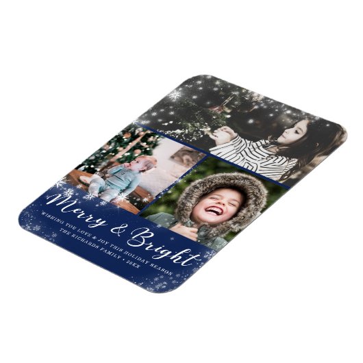 Merry und Bright Script Snow Overlay Foto Collage Magnet (Linke Seite)