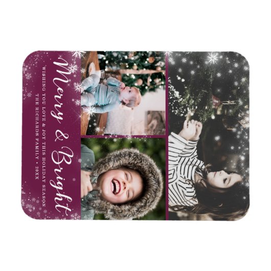 Merry und Bright Script Snow Overlay Foto Collage Magnet (Horizontal)