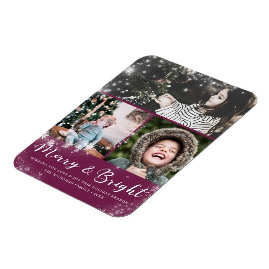 Merry und Bright Script Snow Overlay Foto Collage Magnet (Linke Seite)