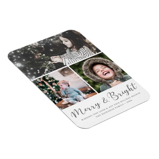 Merry und Bright Script Snow Overlay Foto Collage Magnet (Rechte Seite)