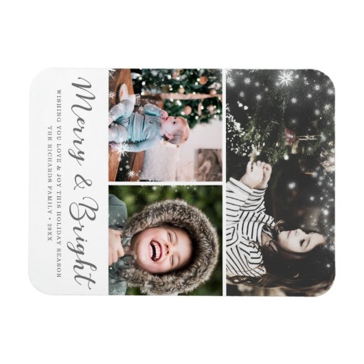 Merry und Bright Script Snow Overlay Foto Collage Magnet (Horizontal)