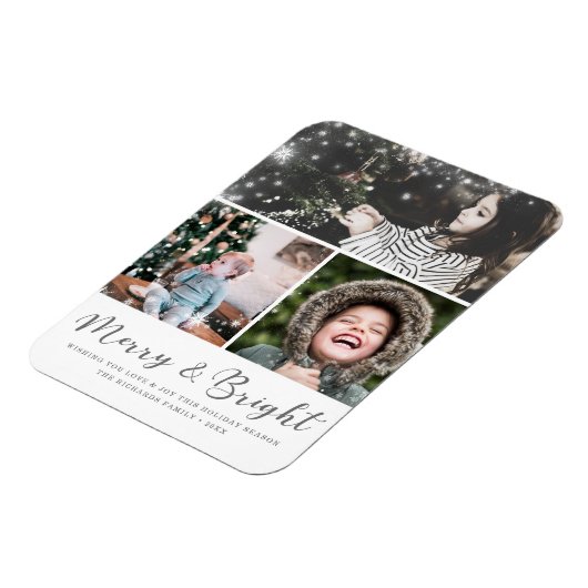 Merry und Bright Script Snow Overlay Foto Collage Magnet (Linke Seite)