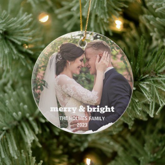 Merry und Bright | Smart Christmas Couple Foto Keramik Ornament (Baum)