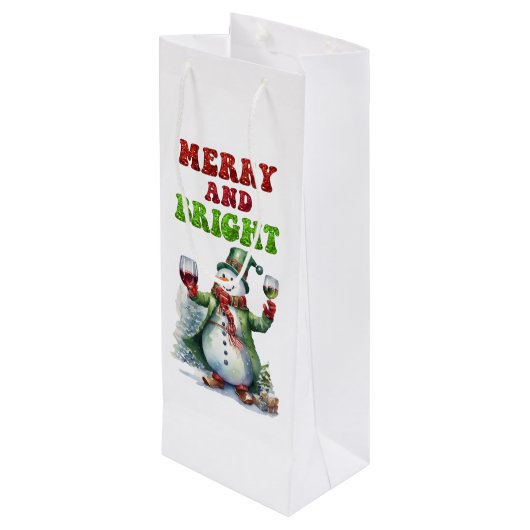 Merry und Bright Snowman Geschenktüte Für Weinflaschen (Rückseite Schrägansicht)