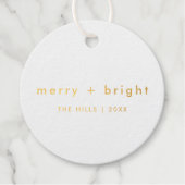 Merry und Bright | Weiß und Gold Minimal einfach Geschenkanhänger (Vorderseite)