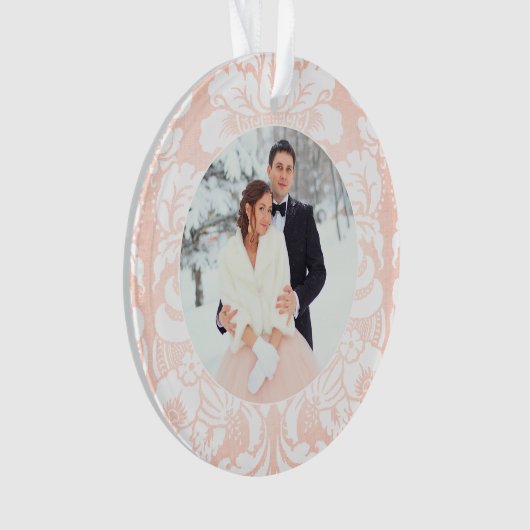 Merry und Verheiratet Blush Damask Wedding Foto Ornament (Vorderseite)