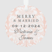 Merry und Verheiratet Blush Damask Wedding Foto Ornament (Rückseite)