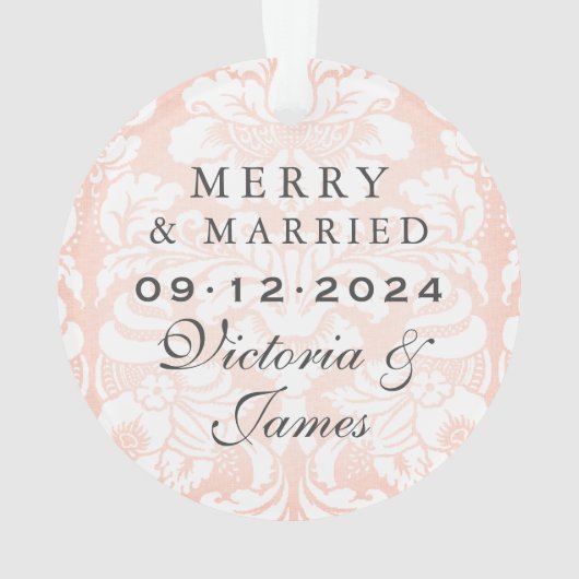 Merry und Verheiratet Blush Damask Wedding Foto Ornament (Rückseite)