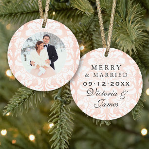 Merry und Verheiratet Blush Damask Wedding Foto Ornament