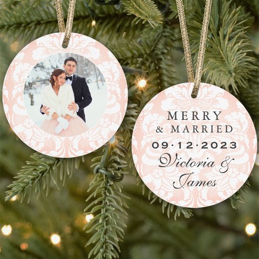 Merry und Verheiratet Blush Damask Wedding Foto Ornament
