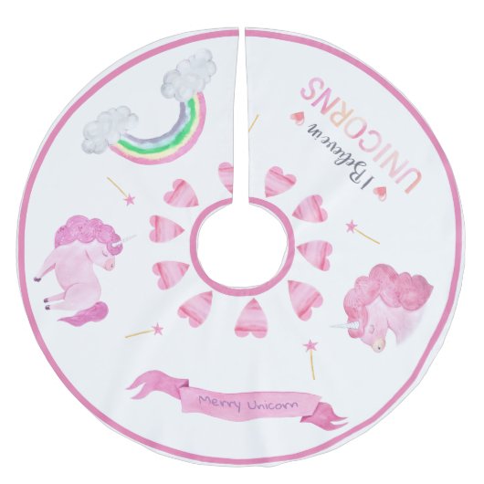 Merry Unicorn Pink Rainbow Weihnachtsspass Polyester Weihnachtsbaumdecke (Vorderseite)