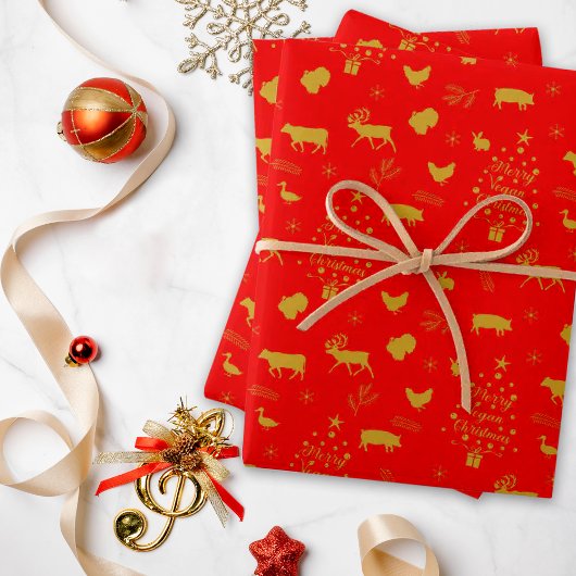 Merry Vegan Christmas Red and Gold Farm Animals  Geschenkpapier Set