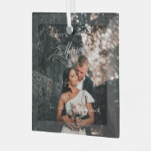 Merry & Verheiratet Elegantes Script-Foto Ornament Aus Glas (Vorderseite links)