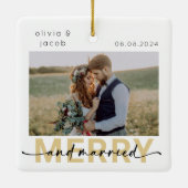 Merry & Verheiratet First Christmas Wedding Foto Keramikornament (Rückseite)