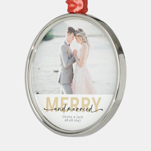 Merry & Verheiratet First Christmas Wedding Foto Ornament Aus Metall (Links)