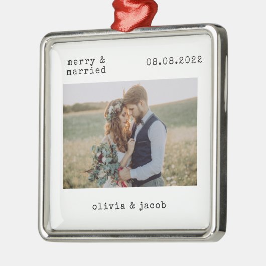 Merry & Verheiratet First Christmas Wedding Foto Ornament Aus Metall (Links)