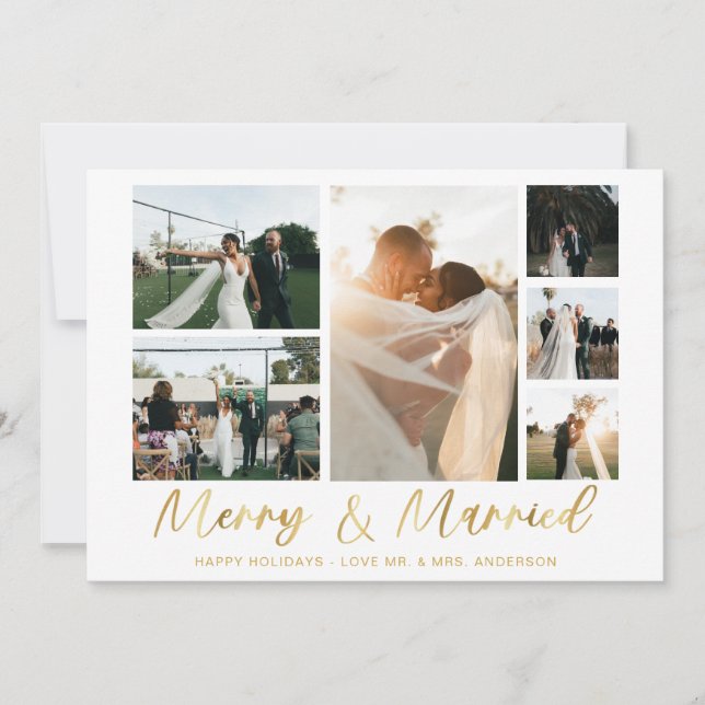 Merry & Verheiratet Gold 6 Multi Foto Ferienkarte (Vorderseite)
