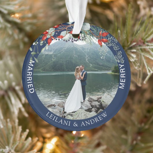 Merry Verheiratet Greenery Watercolor Foto Navy Bl Ornament (Baum)