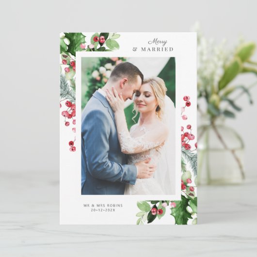 MERRY & VERHEIRATET | Hochzeitsankündigung Feiertagskarte (Stehend Vorderseite)