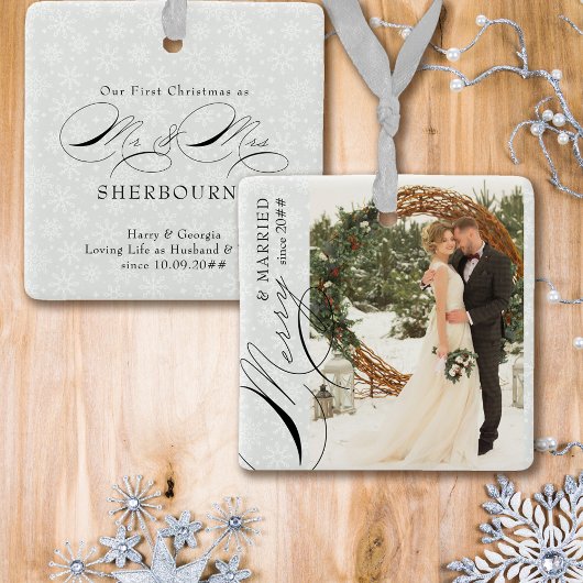 Merry Verheiratet Mr. und Mrs. Vertical Foto Snowf Keramikornament