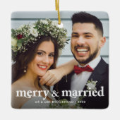Merry & Verheiratet Newlyweds Weihnachts-Foto Keramikornament (Vorderseite)