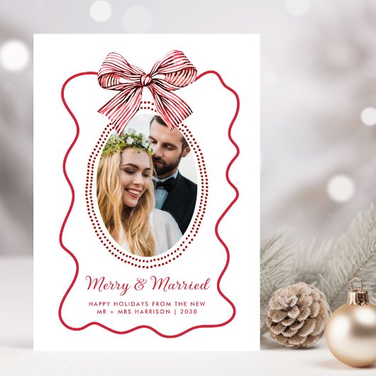 Merry Verheiratet Red Wavy Frame Bow Foto Weihnach Feiertagskarte