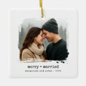 Merry + Verheiratetes neu verheiratetes erstes Fot Keramikornament (Vorderseite)