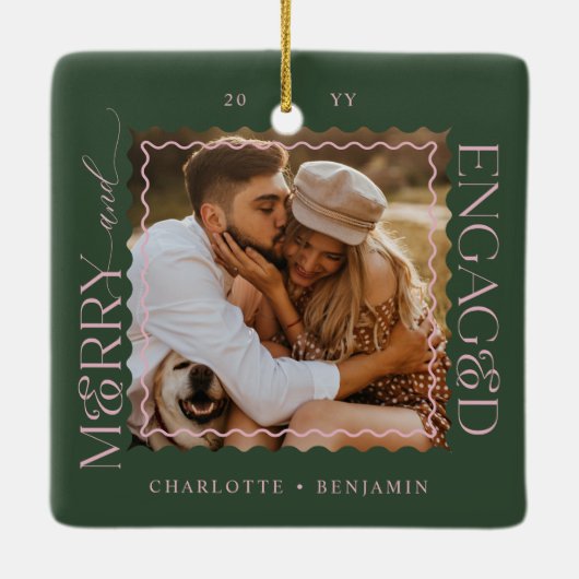 Merry & Verlobt Modern Minimal Wavy Foto Keepake Keramikornament (Rückseite)