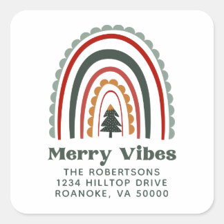 Merry Vibes Boho Rainbow Weihnachts-Rücksendeadres Quadratischer Aufkleber