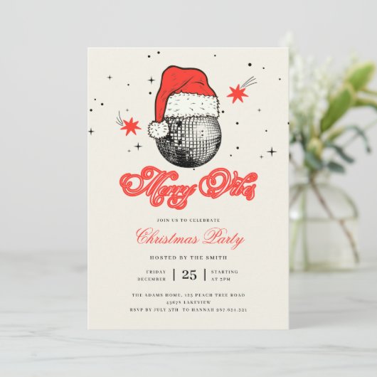 Merry Vibes Disco Weihnachtsmannmütze Retro Party Einladung (Stehend Vorderseite)