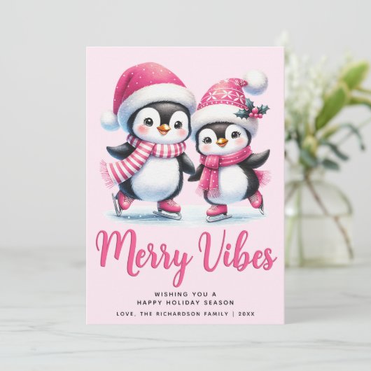 Merry Vibes Ice Skaten Penguins Pink Weihnachten (Stehend Vorderseite)