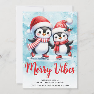 Merry Vibes Niedlich Penguins Blue Red Christmas Feiertagskarte