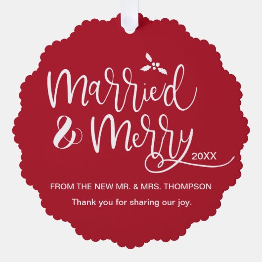 Merry Wedding Foto Red Danke Ornament Karte (Vorderseite)