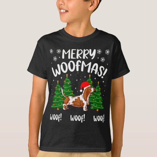 Merry Wofmas Weihnachts-Spaß Basset Hound Haustier T-Shirt (Vorderseite)