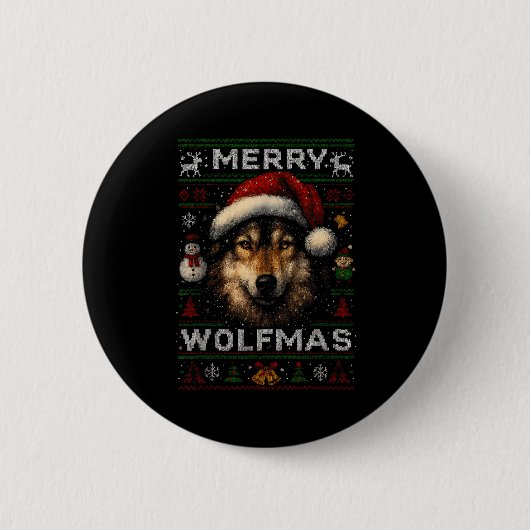Merry Wolfmas Merry Christmas Wolf Ugly Sweater Fu Button (Vorderseite)