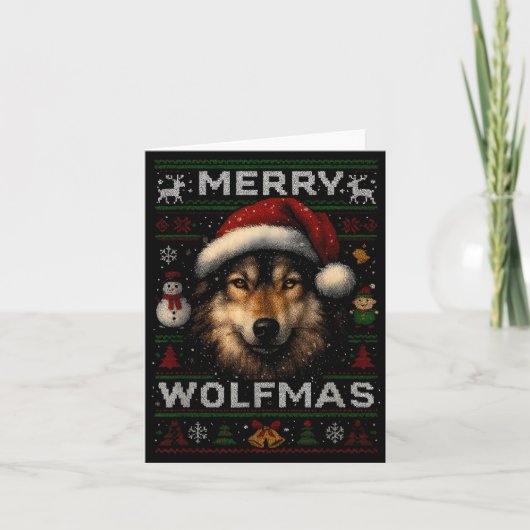 Merry Wolfmas Merry Christmas Wolf Ugly Sweater Fu Karte (Vorderseite)