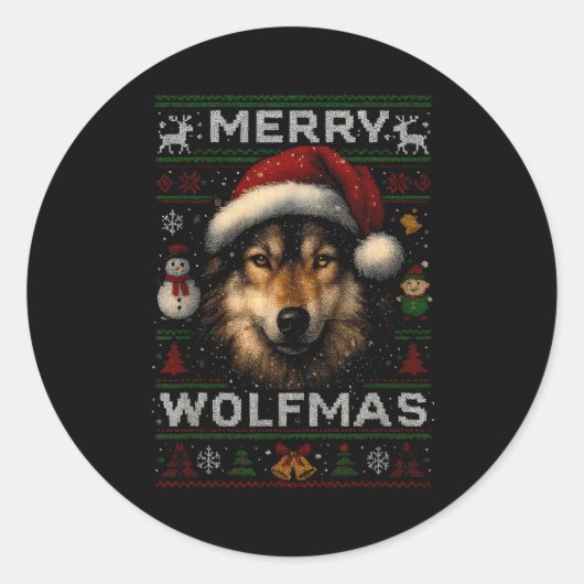 Merry Wolfmas Merry Christmas Wolf Ugly Sweater Fu Runder Aufkleber (Vorderseite)