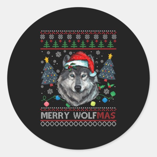 Merry Wolfmas Merry Christmas Wolf Ugly Sweater Fu Runder Aufkleber (Vorderseite)